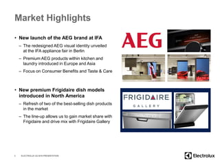 Market Highlights
• New launch of the AEG brand at IFA
– The redesigned AEG visual identity unveiled
at the IFA appliance fair in Berlin
– Premium AEG products within kitchen and
laundry introduced in Europe and Asia
– Focus on Consumer Benefits and Taste & Care
• New premium Frigidaire dish models
introduced in North America
– Refresh of two of the best-selling dish products
in the market
– The line-up allows us to gain market share with
Frigidaire and drive mix with Frigidaire Gallery
3 ELECTROLUX Q3 2016 PRESENTATION
 