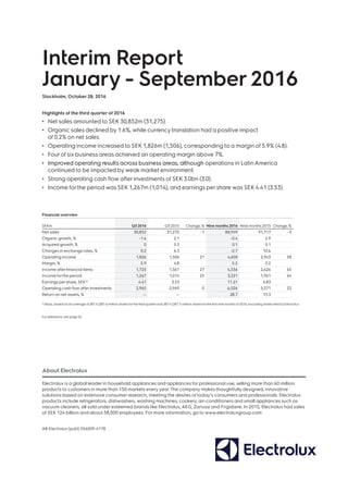 Interim Report
January - September 2016
Stockholm, October 28, 2016
Highlights of the third quarter of 2016
•	 Net sales amounted to SEK 30,852m (31,275).
•	 Organic sales declined by 1.6%, while currencytranslation had a positive impact
of 0.2% on net sales.
•	 Operating income increased to SEK 1,826m (1,506), corresponding to a margin of 5.9% (4.8). 
•	 Fourof six business areas achieved an operating margin above 7%.
•	 Improved operating results across business areas, although operations in LatinAmerica
continued to be impacted by weak market environment.
•	 Strong operating cash flow after investments of SEK 3.0bn (3.0).
•	 Income forthe period was SEK 1,267m (1,014), and earnings per share was SEK 4.41 (3.53).
Financial overview
SEKm Q3 2016 Q3 2015 Change, % Nine months 2016 Nine months 2015 Change, %
Net sales 30,852 31,275 -1 88,949 91,717 -3
Organic growth, % -1.6 2.1 -0.4 2.9
Acquired growth, % 0 0.3 0.1 0.1
Changes in exchange rates, % 0.2 6.3 -2.7 10.6
Operating income 1,826 1,506 21 4,658 2,943 58
Margin, % 5.9 4.8 5.2 3.2
Income after financial items 1,725 1,361 27 4,336 2,626 65
Income forthe period 1,267 1,014 25 3,221 1,961 64
Earnings per share, SEK1) 4.41 3.53 11.21 6.83
Operating cash flow after investments 2,965 2,969 0 6,526 5,371 22
Return on net assets, % — — 28.7 15.3
1) Basic, based on an average of 287.4 (287.4) million shares forthe third quarterand 287.4 (287.1) million shares forthe first nine months of 2016, excluding shares held by Electrolux.
Fordefinitions, see page 22.
About Electrolux
Electrolux is a global leader in household appliances and appliances for professional use, selling more than 60 million
products to customers in more than 150 markets every year.The company makes thoughtfully designed, innovative
solutions based on extensive consumer research, meeting the desires of today’s consumers and professionals. Electrolux
products include refrigerators, dishwashers, washing machines, cookers, air-conditioners and small appliances such as
vacuum cleaners, all sold under esteemed brands like Electrolux, AEG, Zanussi and Frigidaire. In 2015, Electrolux had sales
of SEK 124 billion and about 58,000 employees. For more information, go to www.electroluxgroup.com
AB Electrolux (publ) 556009-4178
 