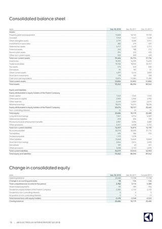 15 | AB ELECTROLUX INTERIM REPORT Q3 2018
Consolidated balance sheet
SEKm Sep. 30, 2018 Sep. 30, 2017 Dec. 31, 2017
Assets
Property, plant and equipment 19,820 18,152 19,192
Goodwill 7,949 7,447 7,628
Otherintangible assets 3,779 3,500 3,741
Investments in associates 382 219 337
Deferred taxassets 5,917 5,433 5,712
Financial assets 243 188 212
Pension plan assets 394 332 455
Othernon-current assets 922 503 459
Total non-current assets 39,406 35,774 37,736
Inventories 18,395 16,399 14,655
Trade receivables 19,702 18,955 20,747
Taxassets 515 623 830
Derivatives 95 187 87
Othercurrent assets 4,097 5,414 3,839
Short-term investments 178 160 358
Cash and cash equivalents 10,874 11,084 11,289
Total current assets 53,856 52,822 51,806
Total assets 93,262 88,596 89,542
Equity and liabilities
Equity attributable to equity holders of the Parent Company
Share capital 1,545 1,545 1,545
Otherpaid-in capital 2,905 2,905 2,905
Otherreserves -2,449 -2,807 -2,615
Retained earnings 18,674 16,514 18,630
Equity attributable to equity holders of the Parent Company 20,674 18,157 20,465
Non-controlling interests 12 22 14
Total equity 20,686 18,179 20,480
Long-term borrowings 7,301 6,914 6,587
Deferred tax liabilities 818 836 730
Provisions forpost-employment benefits 2,987 3,096 3,089
Otherprovisions 5,451 6,028 5,753
Total non-current liabilities 16,557 16,873 16,159
Accounts payable 32,216 30,200 31,114
Tax liabilities 690 586 924
Dividend payable 1,193 1,078 —
Otherliabilities 15,848 16,649 15,849
Short-term borrowings 2,846 2,814 2,695
Derivatives 189 63 251
Otherprovisions 3,038 2,153 2,070
Total current liabilities 56,019 53,543 52,903
Total equity and liabilities 93,262 88,596 89,542
Change in consolidated equity
SEKm Sep. 30, 2018 Sep. 30, 2017 Full year2017
Opening balance 20,480 17,738 17,738
Change in accounting principles -18 -126 -126
Total comprehensive income forthe period 2,702 3,115 5,389
Share-based payments -90 -389 -356
Dividend to equity holders ofthe ParentCompany -2,385 -2,155 -2,155
Dividend to non-controlling interests 0 0 0
Acquisition of non-controlling interests -3 -4 -11
Total transactions with equity holders -2,478 -2,548 -2,522
Closing balance 20,686 18,179 20,480
 
