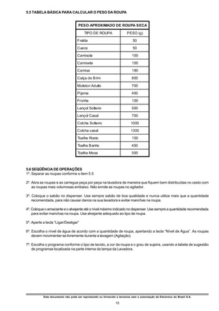 5.5 TABELA BÁSICA PARA CALCULAR O PESO DA ROUPA


                                     PESO APROXIMADO DE ROUPA SECA

                                         TIPO DE ROUPA                   PESO (g)

                                    Fralda                                    50

                                    Cueca                                     50

                                    Camisola                                 100

                                    Camiseta                                 100

                                    Camisa                                   180

                                    Calça de Brim                            800

                                    Moleton Adulto                           700

                                    Pijama                                   400

                                    Fronha                                   100

                                    Lençol Solteiro                          500

                                    Lençol Casal                             700

                                    Colcha Solteiro                         1000

                                    Colcha casal                            1300

                                    Toalha Rosto                             150

                                    Toalha Banho                             450

                                    Toalha Mesa                              500



5.6 SEQÜÊNCIA DE OPERAÇÕES
1º. Separar as roupas conforme o item 5.5

2º. Abra as roupas e as carregue peça por peça na lavadora de maneira que fiquem bem distribuídas no cesto com
    as roupas mais volumosas embaixo. Não enrole as roupas no agitador.

3º. Coloque o sabão no dispenser. Use sempre sabão de boa qualidade e nunca utilize mais que a quantidade
    recomendada, para não causar danos na sua lavadora e evitar manchas na roupa.

4º. Coloque o amaciante e o alvejante até o nível máximo indicado no dispenser. Use sempre a quantidade recomendada
    para evitar manchas na roupa. Use alvejante adequado ao tipo de roupa.

5º. Aperte a tecla “Ligar/Desligar”

6º. Escolha o nível de água de acordo com a quantidade de roupa, apertando a tecla “Nível de Água”. As roupas
    devem movimentar-se livremente durante a lavagem (Agitação).

7º. Escolha o programa conforme o tipo de tecido, a cor da roupa e o grau de sujeira, usando a tabela de sugestão
    de programas localizada na parte interna da tampa da Lavadora.




           Este documento não pode ser reproduzido ou fornecido a terceiros sem a autorização da Electrolux do Brasil S.A.

                                                                 10
 