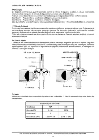 10.3 VÁLVULA DE ENTRADA DE ÁGUA

è Descrição
É o dispositivo elétrico que, quando acionado, permite a entrada de água na lavadora. A válvula é conectada,
externamente à mangueira de entrada de água e internamente à caixa de distribuição.
A válvula possui 2 solenóides que permitem a entrada da água em 2 posições distintas conforme abaixo:
Solenóide 01 – A água entra na canaleta de sabão para Lavagem e Alvejante.
Solenóide 02 – A água entra na canaleta de Amaciante (Enxágüe).
Obs.: Durante o full spray do Programa E (Enxágüe) é acionado o solenóide 1 (Canaletas de Sabão e do Amaciante).

è Válvula desligada
Conforme a figura a seguir, verifica-se que a agulha pressiona o diafragma através da ação da mola. O diafragma, na
sua posição de repouso, não permite a passagem de água. Se a pressão da água for muito grande, haverá a
passagem de água, pois, a pressão da mola não é suficiente para manter o diafragma fechado.
O filtro tela existe para impedir que algum resíduo fique retido no diafragma. Caso isto aconteça, a válvula irá permitir
a passagem da água.

è Válvula ligada
Quando um dos solenóides da válvula é energizado, cria-se um campo magnético que atua na agulha. A agulha é
então pressionada contra a mola que se contrai. A pressão da água é suficiente para empurrar o diafragma, permitindo
a passagem da água. Se a pressão da água for muito pequena, mesmo com a mola contraída, o diafragma não
permitirá a passagem da água.




è Teste
Verificar a continuidade entre os terminais de cada um dos 2solenóides. O valor da resistência deve estar dentro dos
valores abaixo:


                                             Especificações da Válvula

                      Tensão (V)                           127                       220
                      Corrente (A)                        0,140                     0,054
                      Potência (W)                           5                         5
                      Resistência (Ohm)              1.060 +/- 105             2.715 +/- 270




           Este documento não pode ser reproduzido ou fornecido a terceiros sem a autorização da Electrolux do Brasil S.A.

                                                                 17
 