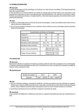 10.4 BOMBA DE DRENAGEM

è Descrição
A bomba de drenagem é do tipo centrífuga e é movida por um motor síncrono monofásico. É formada basicamente
pelo rotor, evoluta e hélice.
O rotor consiste de um imã permanente cujo sentido de rotação pode ser tanto horário como anti-horário. Uma
característica importante do rotor é que ele pode girar aproximadamente ¼ de volta sem movimentar a hélice.
Portanto, se a bomba travar devido a um objeto estranho, o rotor deve executar pequenos movimentos horários e anti-
horários até destravá-lo.

è Teste
a. Verificar a continuidade entre os terminais da bomba de drenagem. O valor da resistência deve estar entre os
   valores descritos na tabela abaixo:
b. Com um pouco de água na lavadora e com a bomba no local, verificar se ocorre a drenagem quando a bomba é
   diretamente energizada.


                                         Especificações da Bomba de Drenagem

                      Tensão (V)                                        127                     220

                      Corrente (A)                                       0,6                     0,3

                      Potência (W)                                       34                      34

                      Resistência (Ohm) INVENSYS                      26 +/- 7%              95 +/- 7%

                      Resistência (Ohm) ASKOLL                        27 +/- 8%             103 +/- 8%

                                                                          Abre com 150 +/- 5°C
                      Protetor Térmico INVENSYS
                                                                         Fecha com 96 +/- 10°C
                                                                         Abre com 155 +/- 5°C
                      Protetor Térmico ASKOLL
                                                                         Fecha com 96 +/- 5°C


10.5 CAPACITOR

è Descrição
Na lavadora é utilizado um capacitor permanente que auxilia a partida do motor tanto na agitação como na centrifugação.
O capacitor permanente está ligado em série com o enrolamento do motor e corrige caso necessário (variação de
carga no motor) a tensão do motor.

è Especificações

                          Tensão da Lavadora                   127V                      220V
                                Capacitor               45µF / 250VAC             12µF / 400VAC


èTeste
a. Com um multímetro analógico, na escala de resistência, conectar as pontas de prova do multímetro no capacitor.
   Verificar que o valor da resistência tende a zero, e logo após, aumenta até seu valor infinito (conforme as figuras
   abaixo). Caso a deflexão do ponteiro seja muito pequena, deve-se mudar a escala de leitura no multímetro.
b. Invertendo as pontas de prova do multímetro no capacitor o processo se repete.

è Importante
Caso o ponteiro não deflexione ou deflexione e não retorne, o capacitor está defeituoso e deve ser substítuido por um
novo.




           Este documento não pode ser reproduzido ou fornecido a terceiros sem a autorização da Electrolux do Brasil S.A.

                                                                 18
 