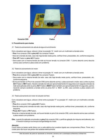 Conector CN5                                        Faston

3. Procedimento para testes

3.1 Teste do acionamento da válvula de água do enchimento

Com a lavadora sem água, colocar o timer na posição “A”. medir com um multímetro a tensão entre:
ž Pino 1 do conector CN5 e pino AC1 do conector Faston.
ž Deve ter a tensão da rede, caso não haja tensão neste ponto, verificar timer, pressostato, etc. conforme esquema.
ž Pino VP Faston e pino AC1 Faston.
ž Deve estar com a mesma tensão da rede se houver tensão no conector CN5 - 1 (como descrito como descrito
  acima) caso contrario a placa está com problema.


3.2 Teste do acionamento do motor.

Com a lavadora com água, colocar o timer na posição “A”. medir com um multímetro a tensão entre:
ž Pino 4 do conector CN5 e pino AC1 do conector Faston.
ž Deve estar com a mesma tensão da rede. caso não haja tensão neste ponto, verificar timer, pressostato, etc.
  conforme esquema.
ž Se houver tensão no Pino 4 do conector CN5 (como descrito acima), a placa acionará o motor, isto é, entre os pinos
  AC1 Faston e MH Faston, Haverá a tensão da rede por aproximadamente 0,5 segundos e em seguida a tensão da
  rede será aplicada entre os pinos AC1 Faston e MAH Faston também por aproximadamente 0,5 segundos, perma-
  necendo sempre oscilando a tensão entre os pinos AC1 e MAH ou MH, caso contrário a placa estará com
  problema.


3.3 Teste acionamento do motor do atuador de freio.

Com a lavadora sem água, colocar o timer entre a posição “F” e a posição “A”. medir com um multímetro a tensão
entre:
ž Pino 2 do conector CN5 e pino AC1 Faston.
ž Deve ter neste ponto a tensão da rede. caso não haja tensão neste ponto, verificar timer, pressostato, etc. conforme
  esquema.
ž Pinos AC1 Faston e FR Faston.
žDeve ter a mesma tensão da rede, se houver tensão no pino 2 do conector CN5, como descrito acima caso contrario
  a placa estará com problema.

Obs.: quando for aplicada uma tensão no pino 3 do conector CN5, o perfil de agitação da máquina será alterado, isto
      é haverá mudança nos tempos de liga/desliga do motor.

Atenção:
Como todos os testes serão feitos com a rede elétrica da Lavadora ligada aos componentes (Placa, Timer, etc.)
cuidar para não tocar nas partes não isoladas eletricamente.

           Este documento não pode ser reproduzido ou fornecido a terceiros sem a autorização da Electrolux do Brasil S.A.

                                                                 24
 