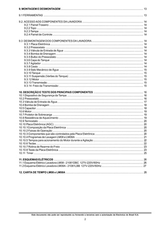 9. MONTAGEM E DESMONTAGEM .............................................................................................................. 13

9.1 FERRAMENTAS ..................................................................................................................................... 13

9.2. ACESSO AOS COMPONENTES DA LAVADORA ................................................................................. 14
     9.2.1 Painel Traseiro .............................................................................................................................. 14
     9.2.2 Topo .............................................................................................................................................. 14
     9.2.3 Tampa ........................................................................................................................................... 14
     9.2.4 Painel de Controle ......................................................................................................................... 14

9.3 DESMONTAGEM DOS COMPONENTES DA LAVADORA ..................................................................... 14
    9.3.1 Placa Eletrônica ............................................................................................................................ 14
    9.3.2 Pressostato .................................................................................................................................. 14
    9.3.3 Válvula de Entrada de Água .......................................................................................................... 14
    9.3.4 Bomba de Drenagem ..................................................................................................................... 14
    9.3.5 Bulbo do Pressostato .................................................................................................................... 14
    9.3.6 Capa do Tanque ............................................................................................................................ 14
    9.3.7 Agitador ........................................................................................................................................ 14
    9.3.8 Cesto ............................................................................................................................................ 14
    9.3.9 Selo Mecânico de Água ................................................................................................................ 15
    9.3.10 Tanque ........................................................................................................................................ 15
    9.3.11 Suspensão (Varões do Tanque) ................................................................................................... 15
    9.3.12 Motor .......................................................................................................................................... 15
    9.3.13 Transmissão ................................................................................................................................ 15
    9.3.14 Freio da Transmissão ................................................................................................................. 15

10. DESCRIÇÃO E TESTE DOS PRINCIPAIS COMPONENTES .................................................................. 16
10.1 Dispositivo de Segurança da Tampa ...................................................................................................... 16
10.2 Pressostato ........................................................................................................................................... 16
10.3 Válvula de Entrada de Água ................................................................................................................... 17
10.4 Bomba de Drenagem ............................................................................................................................. 18
10.5 Capacitor ............................................................................................................................................... 18
10.6 Motor ..................................................................................................................................................... 19
10.7 Protetor de Sobrecarga ......................................................................................................................... 19
10.8 Resistência de Aquecimento ................................................................................................................. 19
10.9 Termostato ............................................................................................................................................ 20
10.10 Placa Eletrônica (AGC) ....................................................................................................................... 20
10.10.1Composição da Placa Eletrônica ....................................................................................................... 20
10.10.2 Faixas de Operação ......................................................................................................................... 20
10.10.3 Componentes que são controlados pela Placa Eletrônica ................................................................. 20
10.10.4 Programas de Lavagem LM08 e LM08A ........................................................................................... 21
10.10.5 Tempos para acionamento do Motor durante a Agitação ................................................................... 22
10.10.6 Teclas ............................................................................................................................................... 22
10.10.7 Rotina de Rearme do Freio ............................................................................................................... 23
10.10.8 Teste da Placa Eletrônica ................................................................................................................. 23
10.11 Timer .................................................................................................................................................. 25

11. ESQUEMAS ELÉTRICOS ....................................................................................................................... 26
11.1 Esquema Elétrico Lavadora LM08 - 21081DBC 127V-220V/60Hz ......................................................... 26
11.2 Esquema Elétrico Lavadora LM08A - 21081LBB 127V-220V/60Hz ........................................................ 27

12. CARTA DE TEMPO LM08 e LM08A ....................................................................................................... 28




                Este documento não pode ser reproduzido ou fornecido a terceiros sem a autorização da Electrolux do Brasil S.A.

                                                                                   2
 