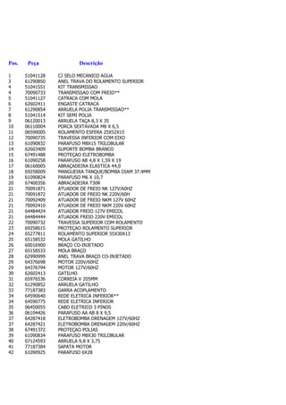 Pos.    Peça             Descrição

1      51041128   CJ SELO MECANICO AGUA
3      61290850   ANEL TRAVA DO ROLAMENTO SUPERIOR
4      51041551   KIT TRANSMISSAO
4      70090733   TRANSMISSAO COM FREIO**
5      51041127   CATRACA COM MOLA
6      62602411   ENGASTE CATRACA
7      61290854   ARRUELA POLIA TRANSMISSAO**
8      51041514   KIT SEMI POLIA
9      06120013   ARRUELA TAÇA 8,3 X 35
10     06110004   PORCA SEXTAVADA M8 X 6,5
11     06590005   ROLAMENTO ESFERA 25X52X15
12     70090735   TRAVESSA INFERIOR COM EIXO
13     61090832   PARAFUSO M8X15 TRILOBULAR
14     62603409   SUPORTE BOMBA BRANCO
15     67491488   PROTEÇAO ELETROBOMBA
16     61090258   PARAFUSO AB 4,8 X 1,59 X 19
17     06160005   ABRAÇADEIRA ELASTICA 44,0
18     69258009   MANGUEIRA TANQUE/BOMBA DIAM 37.4MM
19     61090824   PARAFUSO M6 X 10,7
20     67400356   ABRACADEIRA T30R
21     70091871   ATUADOR DE FREIO NK 127V/60HZ
21     70091872   ATUADOR DE FREIO NK 220V/60H
21     70092409   ATUADOR DE FREIO NKM 127V 60HZ
21     70092410   ATUADOR DE FREIO NKM 220V 60HZ
21     64484424   ATUADOR FREIO 127V EMICOL
21     64484444   ATUADOR FREIO 220V EMICOL
22     70090732   TRAVESSA SUPERIOR COM ROLAMENTO
23     69258015   PROTEÇAO ROLAMENTO SUPERIOR
24     65277811   ROLAMENTO SUPERIOR 55X30X13
25     65158532   MOLA GATILHO
26     60016900   BRAÇO CO-INJETADO
27     65158533   MOLA BRAÇO
28     62990999   ANEL TRAVA BRAÇO CO-INJETADO
29     64376698   MOTOR 220V/60HZ
29     64376794   MOTOR 127V/60HZ
30     62602413   GATILHO
31     65976536   CORREIA V 205MM
32     61290852   ARRUELA GATILHO
33     77187383   GARRA ACOPLAMENTO
34     64590640   REDE ELETRICA INFERIOR**
34     64590775   REDE ELETRICA INFERIOR
35     06450055   CABO ELETRICO 3 PINOS
36     06104426   PARAFUSO AA AB 8 X 9,5
37     64287418   ELETROBOMBA DRENAGEM 127V/60HZ
37     64287421   ELETROBOMBA DRENAGEM 220V/60HZ
38     67491372   PROTEÇAO POLIAS
39     61090834   PARAFUSO M8X30 TRILOBULAR
40     07124593   ARRUELA 9,8 X 3,75
41     77187384   SAPATA MOTOR
42     61090925   PARAFUSO 6X28
 