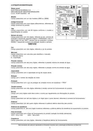 2.3 ETIQUETA DE IDENTIFICAÇÃO




                                                                                                                                   MERCADO
                                                                                                                                      I

                                                                                                                                                             14801232
                                                                              MADE BY ELECTROLUX IN BRASIL
Razão social                                                                  ELECTROLUX DO BRASIL S.A. INDUSTRIA BRASILEIRA
                                                                              C.N.P.J. 76.487.232.0002-06
ELECTROLUX DO BRASIL S.A.




                                                                                                                                              127 V~ LM08A
                                                                              MODELO            CÓDIGO COMERCIAL
SÃO CARLOS-SP / INDUSTRIA BRASILEIRA                                             LM08A                21081LBB1




                                                                                                                                   MODELO
C.G.C. 76.487.032/0002 – 06                                                   TIPO
                                                                                      LAVADORA DE ROUPAS




                                                                                                                                                               Nº DE SERIE
                                                                                     TOP LOAD - DOMÉSTICA
Modelo                                                                        Nº DE SERIE          COR               MERCADO




                                                                                                                       I
Campo preenchido com um dos modelos LM08 ou LM08A.                              14801232            06
                                                                              PRESSÃO MÁX.    PRESSÃO MÍN.
Código Comercial                                                              10 MPa           0,2 MPa




                                                                                                                                         TENSÃO




                                                                                                                                                             21081LBB1
Campo preenchido com nove dígitos alfanuméricos, referentes ao                CAPACIDADE      ROTAÇÃO

código comercial do produto.                                                    8 Kg                    720 RPM




                                                                                                                                 60
                                                                              PROTEÇÃO       TENSÃO NOMINAL ELC    NORMA

Tipo                                                                            IPX 4         127 V~               60335
                                                                              CORRENTE        POTENCIA       POTÊNCIA RESIST.
Campo preenchido com até 60 dígitos conforme o modelo e




                                                                                                                                PROCESSO INTERNO
                                                                                                               1450 W




                                                                                                                                                               CÓDIGO COMERCIAL
especificações do poduto.                                                      11,2 A          1450 W
                                                                              FAIXA TENSAO                      FREQUENCIA


Número de série
                                                                                105 - 135           V~            60Hz
Campo preenchido com oito dígitos, referente ao ano, semana de
produção e sequencial, seguindo a lógica = YWWSSSSS, onde Y =
último dígito do ano; WW = semana que foi produzido o produto;
SSSSS = sequencial numérico de produção durante a semana
                           14801232
Cor
Campo preenchido com dois dígitos, referente a cor do produto.

Mercado
Campo preenchido com uma letra para identificar o mercado.
I - Mercado interno
E – Exportação

Pressão máxima
Campo preenchido com até cinco dígitos, referentes à pressão máxima de entrada de água.

Pressão mínima
Campo preenchido com até cinco dígitos, referentes à pressão mínima de entrada de água.

Capacidade
Campo preenchido com a capacidade em kg de roupas secas.

Rotação
Campo com o número de rotações do motor.

Proteção
Campo preecnhido com o gru de proteção de umidade mínimo em lavadoras = "IPX4"

Tensão nominal
Campo preenchido com três dígitos referentes à tensão nominal de funcionamento do produto.

Norma
Campo com cinco dígitos onde deve contar a norma que regulamentou as informações do produto.

Corrente
Campo preenchido com até dois dígitos e um dígito após o ponto decimal, referentes à corrente de funcionamento.

Potência
Campo preenchido com até quatro dígitos referentes à potência elétrica absorvida pelo produto.

Potência da resistência
Campo preenchido co até cinco dígits numéricos referentes a potência elétrica da resistência de aquecimento no produto.

Faixa de tensão
Campo preenchido com a faixa de funcionamento do produto (variação de tensão admissível):
127V - 103 a 135V     220V - 198 a 242V

Freqüência
Campo preenchido com dois dígitos, referentes à freqüência elétrica de funcionamento.


           Este documento não pode ser reproduzido ou fornecido a terceiros sem a autorização da Electrolux do Brasil S.A.

                                                                 4
 