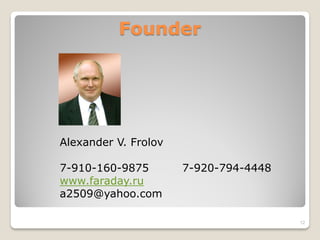 Founder
Alexander V. Frolov
7-910-160-9875 7-920-794-4448
www.faraday.ru
a2509@yahoo.com
12
 