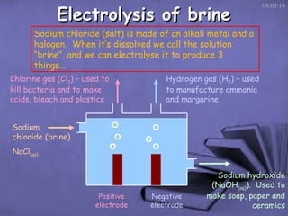 Electrolysis of brine

08/03/14

Sodium chloride (salt) is made of an alkali metal and a
halogen. When it’s dissolved we call the solution
“brine”, and we can electrolyse it to produce 3
things…
Chlorine gas (Cl2) – used to
kill bacteria and to make
acids, bleach and plastics

Hydrogen gas (H2) – used
to manufacture ammonia
and margarine

Sodium
chloride (brine)
NaCl(aq)

Positive
electrode

Negative
electrode

Sodium hydroxide
(NaOH(aq)). Used to
make soap, paper and
ceramics

 