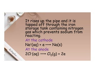 It rises up the pipe and it is
tapped off through the iron
storage tank containing nitrogen
gas which prevents sodium from
reacting.
At the cathode
Na+(aq) + e Na(s)
At the anode
2Cl-(aq) Cl2(g) + 2e
 