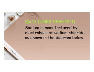 Qn.13 (UNEB 1996/P2/1)
Sodium is manufactured by
electrolysis of sodium chloride
as shown in the diagram below.
 