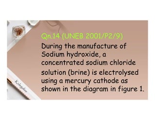 Qn.14 (UNEB 2001/P2/9)
During the manufacture of
Sodium hydroxide, a
concentrated sodium chloride
solution (brine) is electrolysed
using a mercury cathode as
shown in the diagram in figure 1.
 