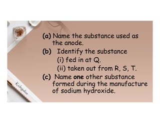 (a) Name the substance used as
the anode.
(b) Identify the substance
(i) fed in at Q.
(ii) taken out from R, S, T.
(c) Name one other substance
formed during the manufacture
of sodium hydroxide.
 