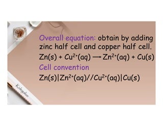 Overall equation: obtain by adding
zinc half cell and copper half cell.
Zn(s) + Cu2+(aq) Zn2+(aq) + Cu(s)
Cell convention
Zn(s)|Zn2+(aq)//Cu2+(aq)|Cu(s)
 