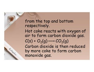 from the top and bottom
respectively.
Hot coke reacts with oxygen of
air to form carbon dioxide gas.
C(s) + O2(g) CO2(g)
Carbon dioxide is then reduced
by more coke to form carbon
monoxide gas.
 