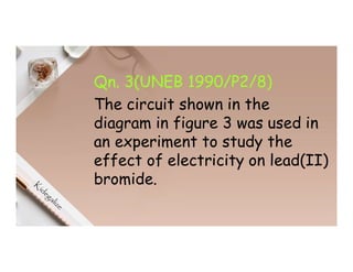 Qn. 3(UNEB 1990/P2/8)
The circuit shown in the
diagram in figure 3 was used in
an experiment to study the
effect of electricity on lead(II)
bromide.
 