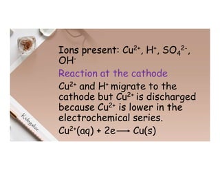 Ions present: Cu2+, H+, SO4
2-,
OH-
Reaction at the cathode
Cu2+ and H+ migrate to the
cathode but Cu2+ is discharged
because Cu2+ is lower in the
electrochemical series.
Cu2+(aq) + 2e Cu(s)
 
