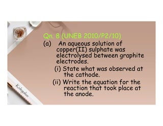 Qn. 8 (UNEB 2010/P2/10)
(a) An aqueous solution of
copper(II) sulphate was
electrolysed between graphite
electrodes.
(i) State what was observed at
the cathode.
(ii) Write the equation for the
reaction that took place at
the anode.
 