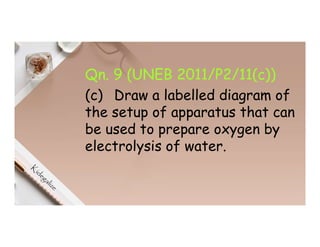 Qn. 9 (UNEB 2011/P2/11(c))
(c) Draw a labelled diagram of
the setup of apparatus that can
be used to prepare oxygen by
electrolysis of water.
 
