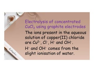 Electrolysis of concentrated
CuCl2 using graphite electrodes
The ions present in the aqueous
solution of copper(II) chloride
are Cu2⁺, Cl⁻, H⁺ and OH⁻.
H⁺ and OH⁻ comes from the
slight ionisation of water.
 