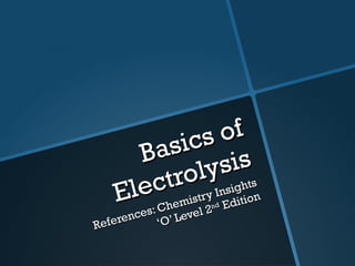 Basics of Electrolysis References: Chemistry Insights ‘O’ Level 2 nd  Edition 