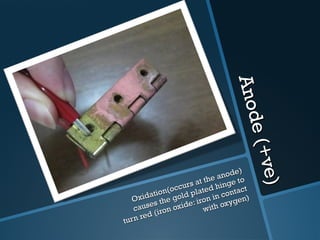Anode (+ve) Oxidation(occurs at the anode) causes the gold plated hinge to turn red (iron oxide: iron in contact with oxygen) 