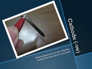 Cathode (-ve) Reduction(occurs at the cathode) causes the iron nail to turn black 
