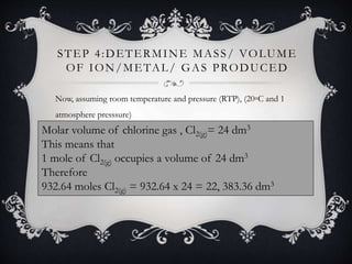 STEP 4:DETERMINE MASS/ VOLUME
OF ION/METAL/ GAS PRODUCED
Now, assuming room temperature and pressure (RTP), (20◦C and 1
atmosphere presssure)
Molar volume of chlorine gas , Cl2(g)= 24 dm3
This means that
1 mole of Cl2(g) occupies a volume of 24 dm3
Therefore
932.64 moles Cl2(g) = 932.64 x 24 = 22, 383.36 dm3
 