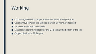 Working
■ On passing electricity, copper anode dissolves forming Cu2+
ions.
■ Cations move towards the cathode at which Cu2+
ions are reduced.
■ Pure copper deposits at cathode.
■ Less electropositive metals Silver and Gold falls at the bottom of the cell.
■ Copper obtained is 99.5% pure.
 