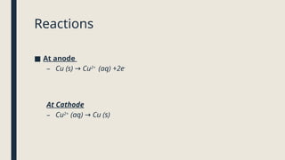 Reactions
■ At anode
– Cu (s) Cu
→ 2+
(aq) +2e-
At Cathode
– Cu2+
(aq) Cu (s)
→
 