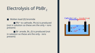 Electrolysis of PbBr2
■ Molten lead (II) bromide
■ Pb2+
to cathode, Pb (s) is produced
(not in solution so these are the only + ions
present)
■ Br-
anode, Br2 (l) is produced (not
in solution so these are the only - ions
present)
 