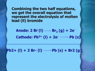 Combining the two half equations,
we get the overall equation that
represent the electrolysis of molten
lead (ll) bromide
Anode: 2 Br-(l) Br2 (g) + 2e-
Cathode: Pb2+ (l) + 2e- Pb (s)
Pb2+ (l) + 2 Br- (l) Pb (s) + Br2 (g)
 