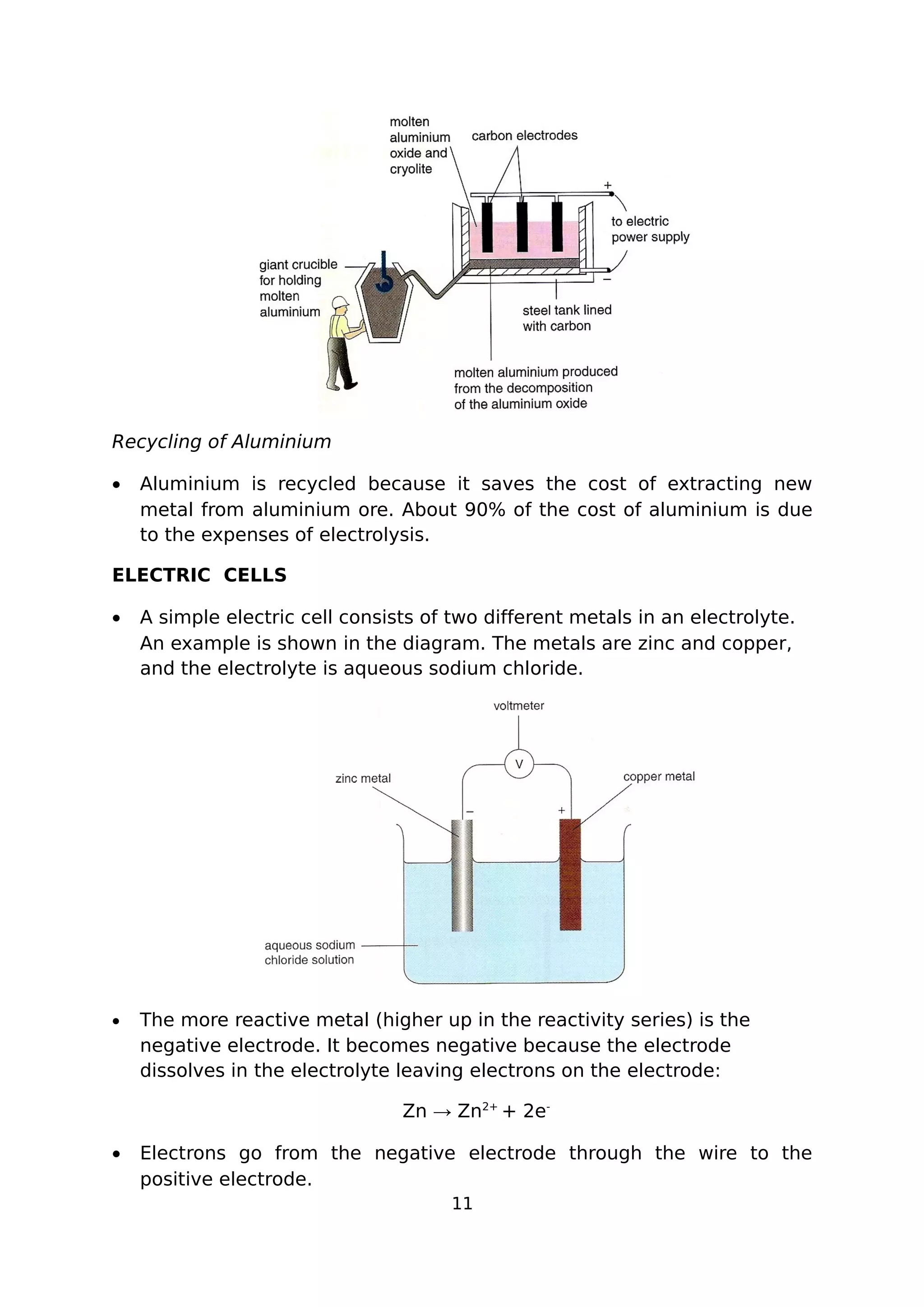 Recycling of Aluminium
• Aluminium is recycled because it saves the cost of extracting new
metal from aluminium ore. About 90% of the cost of aluminium is due
to the expenses of electrolysis.
ELECTRIC CELLS
• A simple electric cell consists of two different metals in an electrolyte.
An example is shown in the diagram. The metals are zinc and copper,
and the electrolyte is aqueous sodium chloride.
• The more reactive metal (higher up in the reactivity series) is the
negative electrode. It becomes negative because the electrode
dissolves in the electrolyte leaving electrons on the electrode:
Zn → Zn2+
+ 2e-
• Electrons go from the negative electrode through the wire to the
positive electrode.
11
 