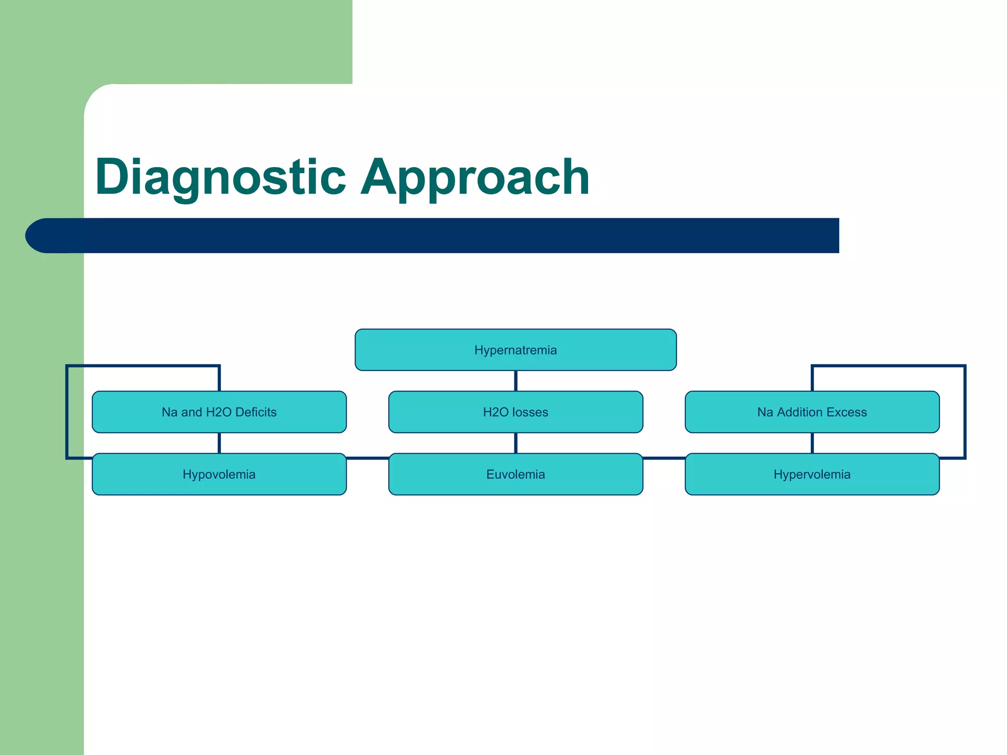 Diagnostic Approach Hypernatremia Na and H2O Deficits H2O losses Na Addition Excess Hypovolemia Euvolemia Hypervolemia 
