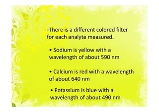 -There is a different colored filter
for each analyte measured.

• Sodium is yellow with a
wavelength of about 590 nm

• Calcium is red with a wavelength
of about 640 nm
 • Potassium is blue with a
 wavelength of about 490 nm
 
