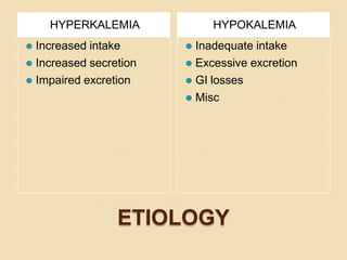 ETIOLOGY
HYPERKALEMIA HYPOKALEMIA
⚫ Increased intake
⚫ Increased secretion
⚫ Impaired excretion
⚫ Inadequate intake
⚫ Excessive excretion
⚫ GI losses
⚫ Misc
 