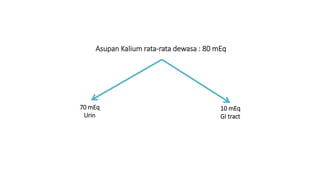 Asupan Kalium rata-rata dewasa : 80 mEq
70 mEq
Urin
10 mEq
GI tract
 