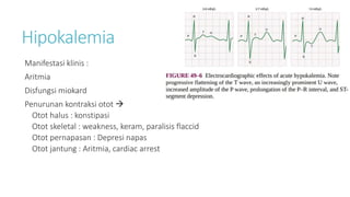 Hipokalemia
Manifestasi klinis :
Aritmia
Disfungsi miokard
Penurunan kontraksi otot 
Otot halus : konstipasi
Otot skeletal : weakness, keram, paralisis flaccid
Otot pernapasan : Depresi napas
Otot jantung : Aritmia, cardiac arrest
 
