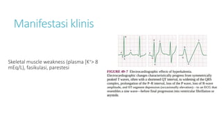 Manifestasi klinis
Skeletal muscle weakness (plasma [K+> 8
mEq/L), fasikulasi, parestesi
 
