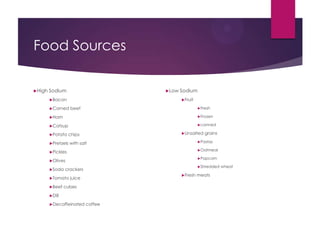Food Sources
High Sodium
Bacon
Corned beef
Ham
Catsup
Potato chips
Pretzels with salt
Pickles
Olives
Soda crackers
Tomato juice
Beef cubes
Dill
Decaffeinated coffee
Low Sodium
Fruit
Fresh
Frozen
canned
Unsalted grains
Pastas
Oatmeal
Popcorn
Shredded wheat
Fresh meats
 