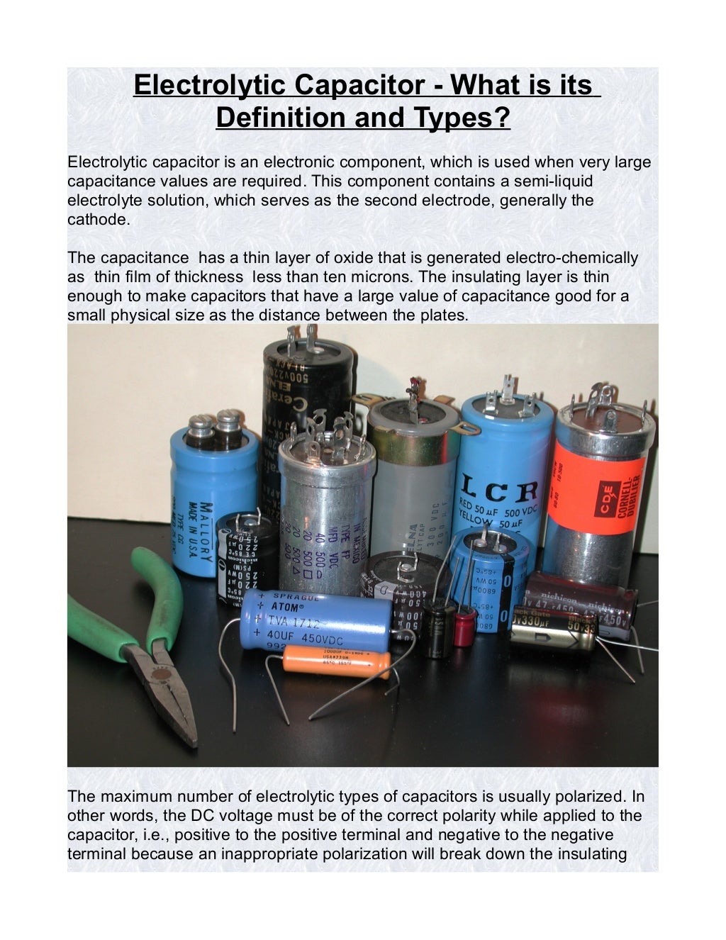 Electrolytic capacitor what is its definition and types