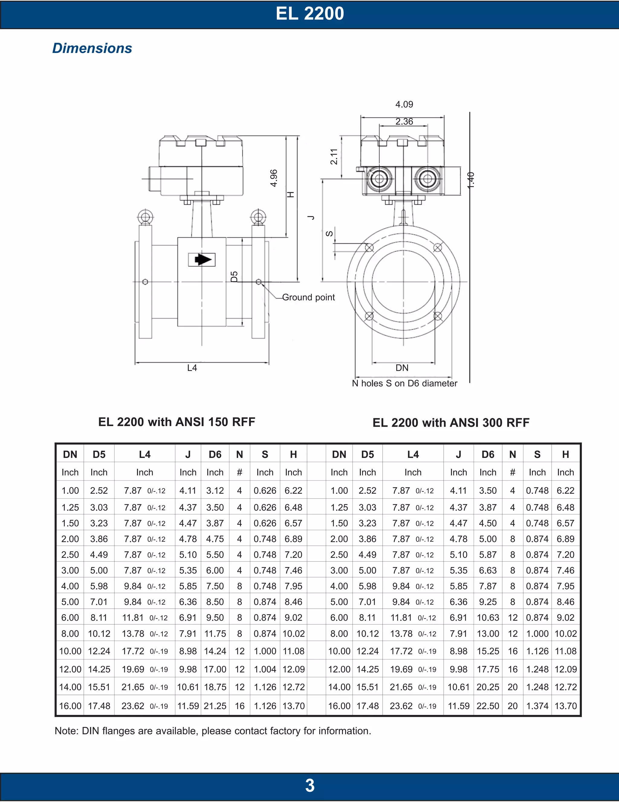 Dimensions
DN D5 L4 J D6 N S H DN D5 L4 J D6 N S H
Inch Inch Inch Inch Inch # Inch Inch Inch Inch Inch Inch Inch # Inch Inch
1.00 2.52 7.87 0/-.12 4.11 3.12 4 0.626 6.22 1.00 2.52 7.87 0/-.12 4.11 3.50 4 0.748 6.22
1.25 3.03 7.87 0/-.12 4.37 3.50 4 0.626 6.48 1.25 3.03 7.87 0/-.12 4.37 3.87 4 0.748 6.48
1.50 3.23 7.87 0/-.12 4.47 3.87 4 0.626 6.57 1.50 3.23 7.87 0/-.12 4.47 4.50 4 0.748 6.57
2.00 3.86 7.87 0/-.12 4.78 4.75 4 0.748 6.89 2.00 3.86 7.87 0/-.12 4.78 5.00 8 0.874 6.89
2.50 4.49 7.87 0/-.12 5.10 5.50 4 0.748 7.20 2.50 4.49 7.87 0/-.12 5.10 5.87 8 0.874 7.20
3.00 5.00 7.87 0/-.12 5.35 6.00 4 0.748 7.46 3.00 5.00 7.87 0/-.12 5.35 6.63 8 0.874 7.46
4.00 5.98 9.84 0/-.12 5.85 7.50 8 0.748 7.95 4.00 5.98 9.84 0/-.12 5.85 7.87 8 0.874 7.95
5.00 7.01 9.84 0/-.12 6.36 8.50 8 0.874 8.46 5.00 7.01 9.84 0/-.12 6.36 9.25 8 0.874 8.46
6.00 8.11 11.81 0/-.12 6.91 9.50 8 0.874 9.02 6.00 8.11 11.81 0/-.12 6.91 10.63 12 0.874 9.02
8.00 10.12 13.78 0/-.12 7.91 11.75 8 0.874 10.02 8.00 10.12 13.78 0/-.12 7.91 13.00 12 1.000 10.02
10.00 12.24 17.72 0/-.19 8.98 14.24 12 1.000 11.08 10.00 12.24 17.72 0/-.19 8.98 15.25 16 1.126 11.08
12.00 14.25 19.69 0/-.19 9.98 17.00 12 1.004 12.09 12.00 14.25 19.69 0/-.19 9.98 17.75 16 1.248 12.09
14.00 15.51 21.65 0/-.19 10.61 18.75 12 1.126 12.72 14.00 15.51 21.65 0/-.19 10.61 20.25 20 1.248 12.72
16.00 17.48 23.62 0/-.19 11.59 21.25 16 1.126 13.70 16.00 17.48 23.62 0/-.19 11.59 22.50 20 1.374 13.70
EL 2200 with ANSI 150 RFF EL 2200 with ANSI 300 RFF
4.09
J
D5
4.96
H
1.40
S2.11
DN
N holes S on D6 diameter
Ground point
L4
2.36
EL 2200
3
Note: DIN flanges are available, please contact factory for information.
 