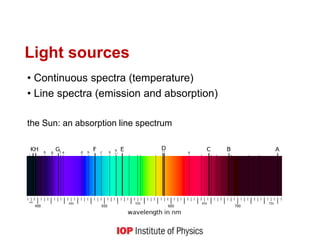 Light sources
• Continuous spectra (temperature)
• Line spectra (emission and absorption)
the Sun: an absorption line spectrum
 