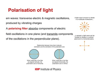 Polarisation of light
em waves: transverse electric & magnetic oscillations,
produced by vibrating charges
A polarising filter absorbs components of electric
field oscillations in one plane (and transmits components-
of the oscillations in the perpendicular plane).
 