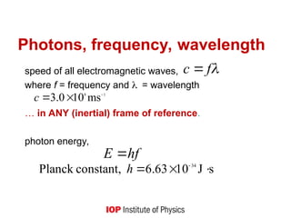 Photons, frequency, wavelength
speed of all electromagnetic waves,
where f = frequency and = wavelength
… in ANY (inertial) frame of reference.
photon energy,

f
c 
hf
E 
s
J
10
63
.
6
constant,
Planck 34


 
h
1
8
ms
10
0
.
3 


c
 