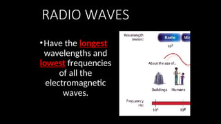 RADIO WAVES
•Have the longest
wavelengths and
lowest frequencies
of all the
electromagnetic
waves.
 