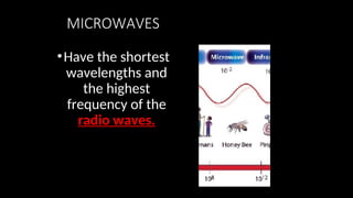 MICROWAVES
•Have the shortest
wavelengths and
the highest
frequency of the
radio waves.
 