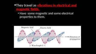 •They travel as vibrations in electrical and
magnetic fields.
• Have some magnetic and some electrical
properties to them.
 