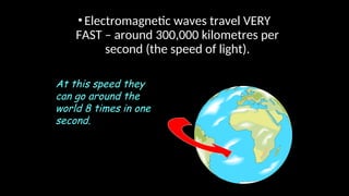 •Electromagnetic waves travel VERY
FAST – around 300,000 kilometres per
second (the speed of light).
At this speed they
can go around the
world 8 times in one
second.
 