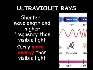 ULTRAVIOLET RAYS
Shorter
wavelength and
higher
frequency than
visible light
Carry more
energy than
visible light
 