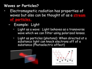 Waves or Particles?
• Electromagnetic radiation has properties of
waves but also can be thought of as a stream
of particles.
– Example: Light
• Light as a wave: Light behaves as a transverse
wave which we can filter using polarized lenses.
• Light as particles (photons): When directed at a
substance light can knock electrons off of a
substance (Photoelectric effect)
 